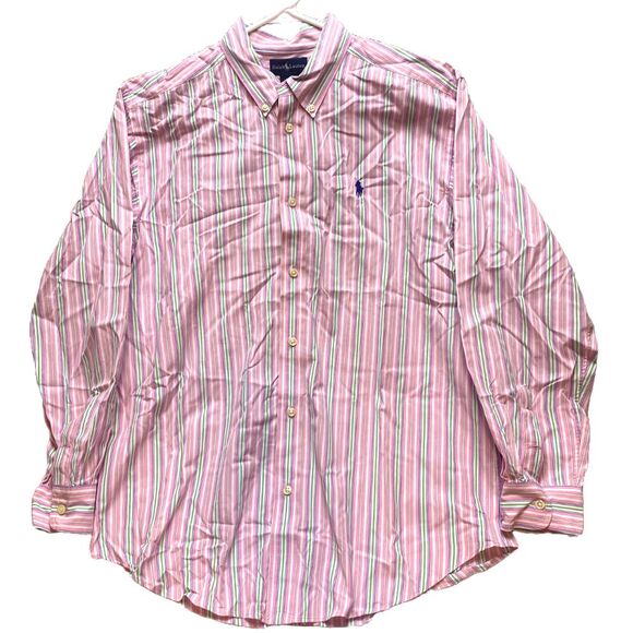 Ralph Lauren‎ Shirt Youth Extra Large Pink Green Stripes Button Down Boys - Picture 1 of 8